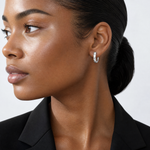 14K White Gold Diamond Cut 4mm Patterned Hinged Hoop Earrings - Model Shot