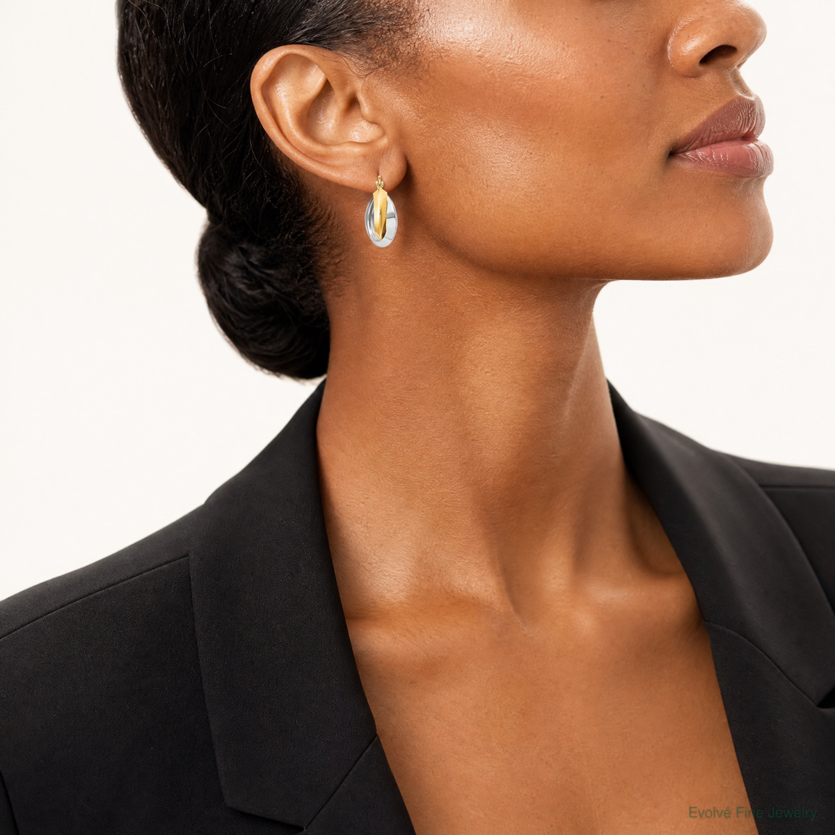 14k Two-tone Polished Knife-edge Double Hoop Earrings - Model Shot