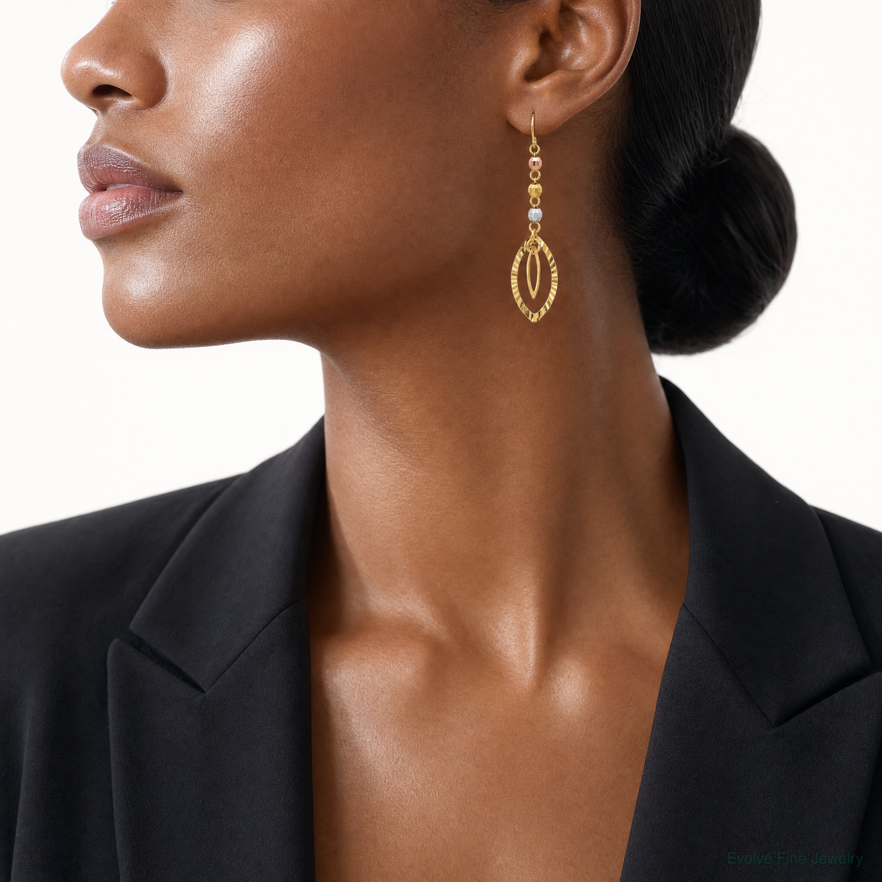 14K Tri-Color Diamond-cut Bead Oval Dangle Earrings - Model Shot