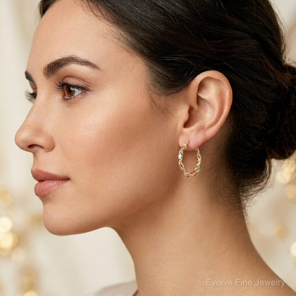 14K with White & Rose Rhodium Textured Twisted Hoop Earrings - Model Shot