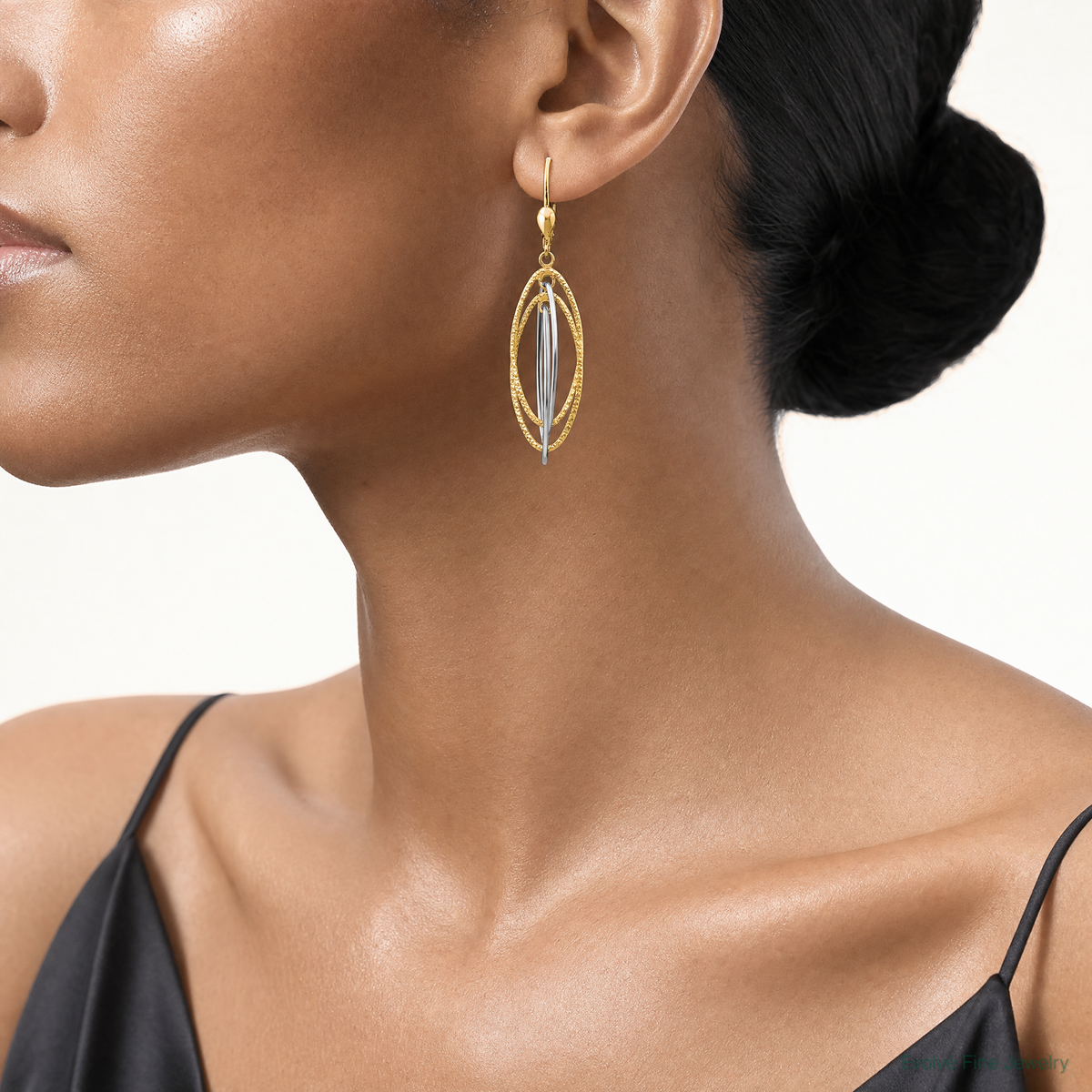 14K Two-Tone Textured and Polished Dangle Leverback Earrings - Model Shot