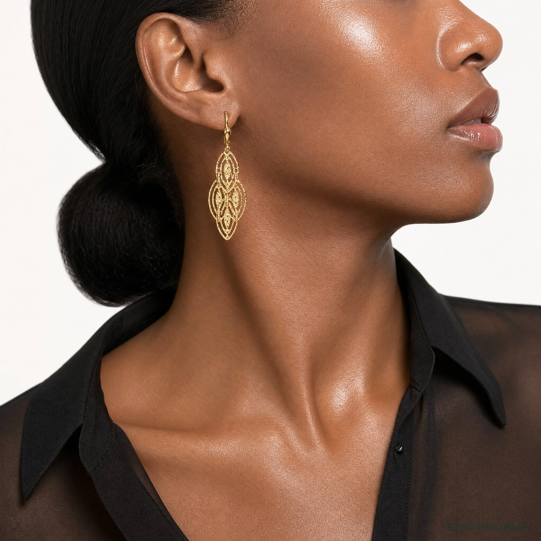 14K Gold Textured and Polished Dangle Leverback Earrings - Model Shot