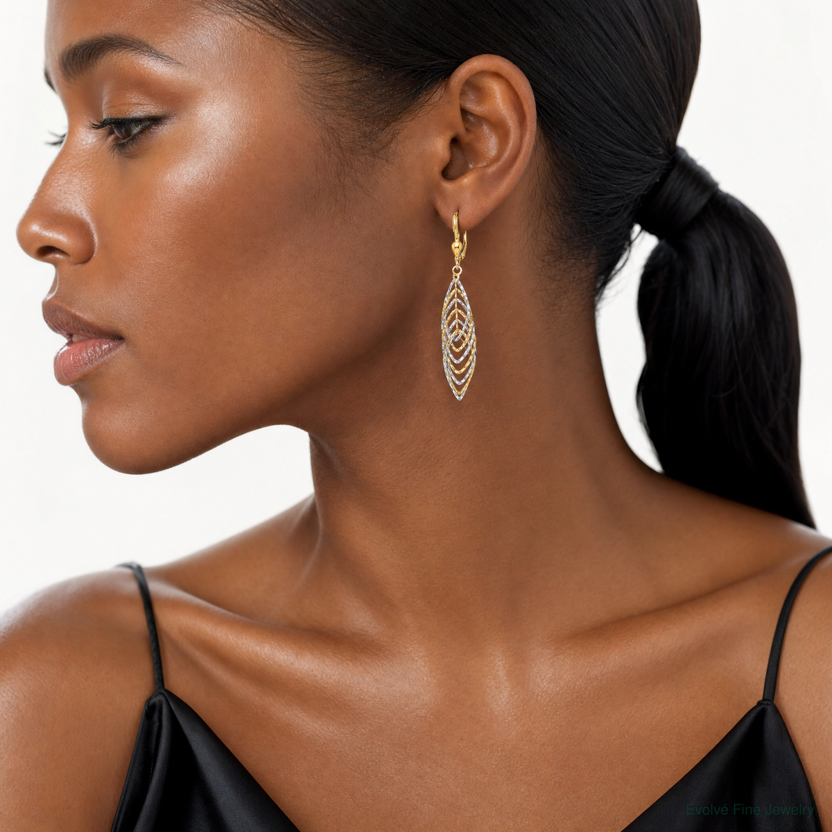 14K Two-tone Polished Diamond-cut Dangle Leverback Earrings - Model Shot