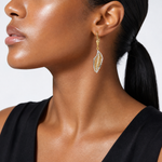 14K and Rhodium Polished and Textured Leaf Leverback Earrings - Model Shot