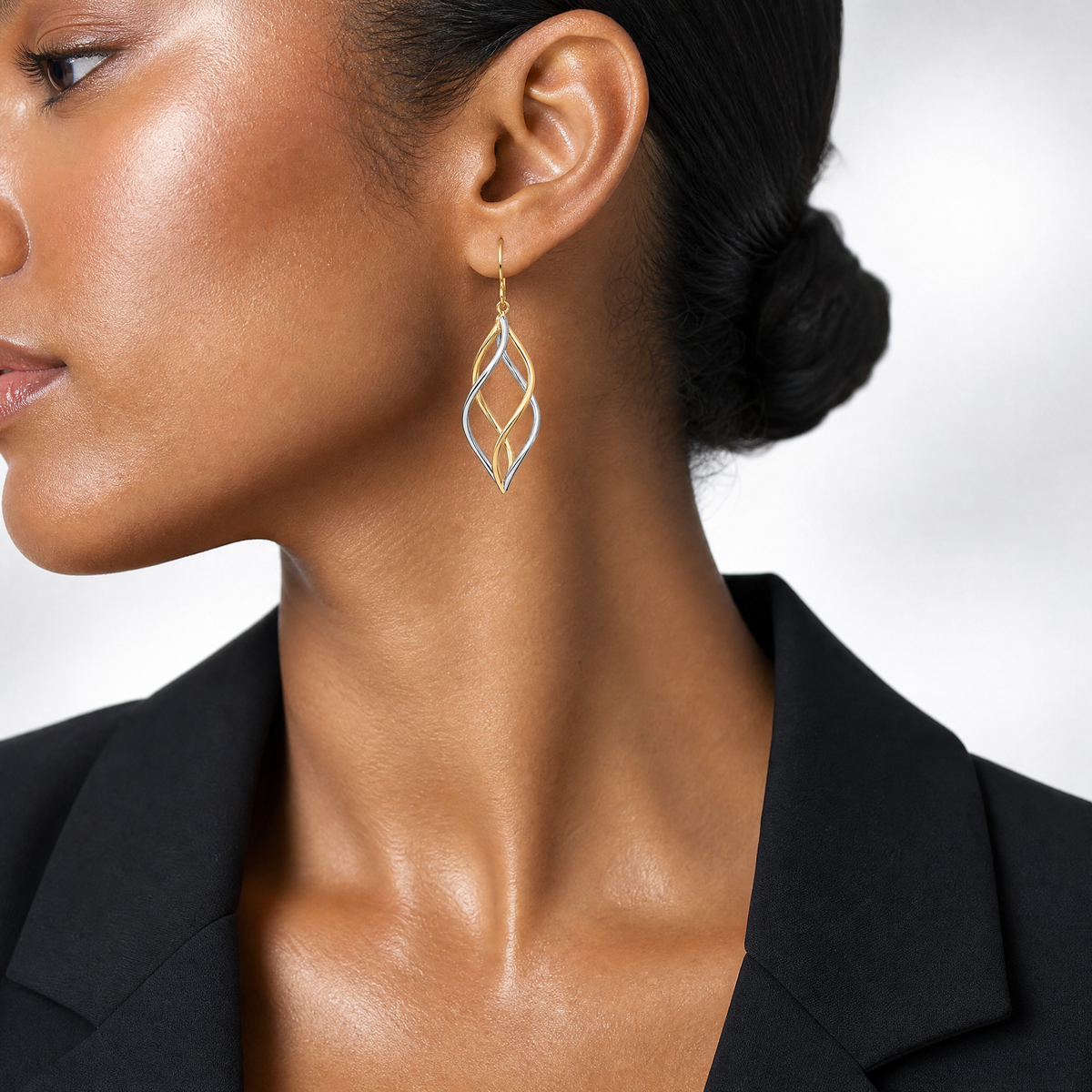 14K Two-Tone Twisted Polished Dangle Shepherd Hook Earrings - Model Shot