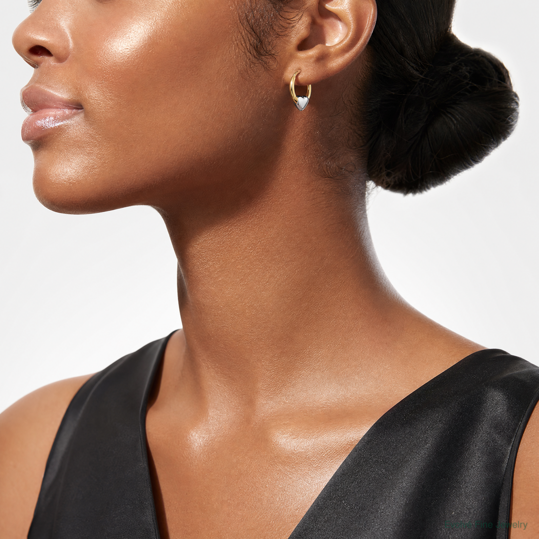 14k w/White Rhodium Polished Heart Hoop Earrings - Model Shot