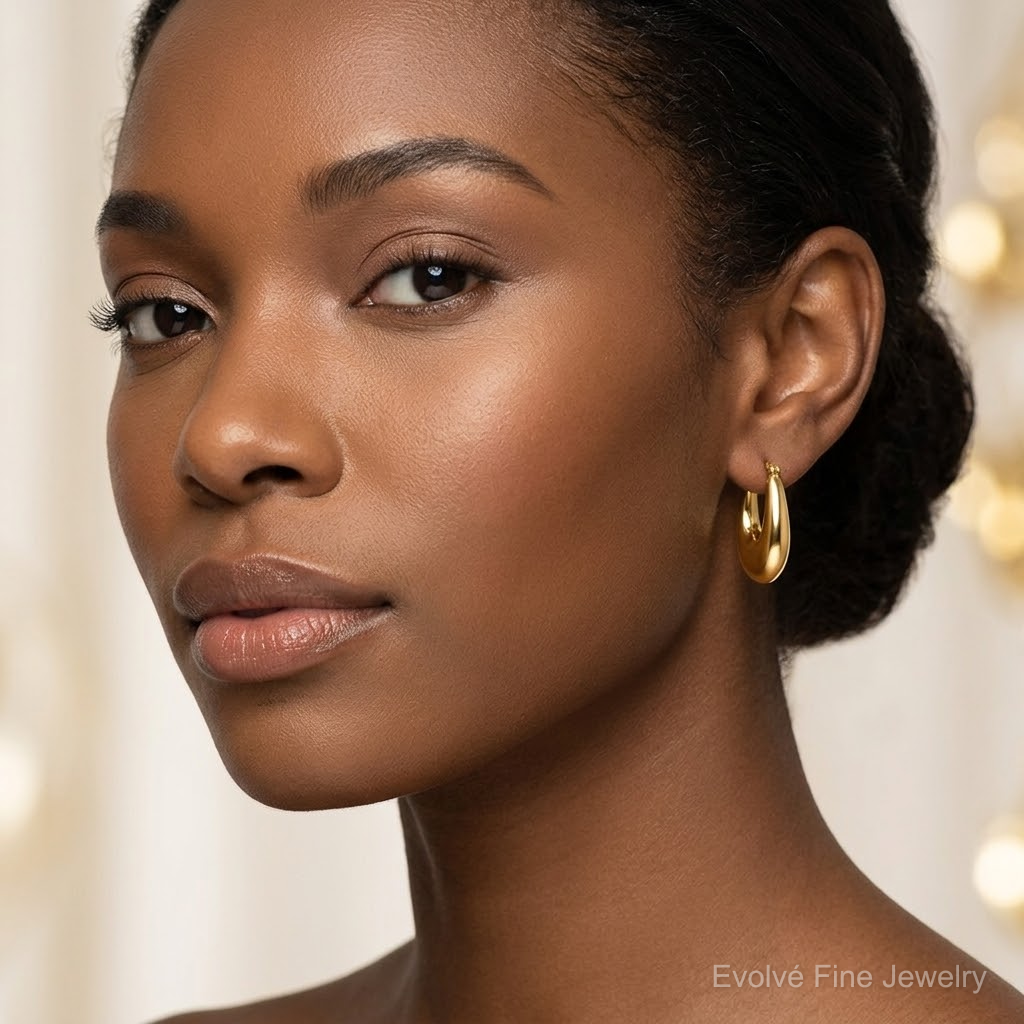 14k Polished Puffed Oval Hoop earrings - Model Shot