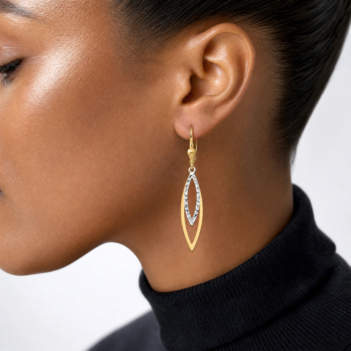 14k Two-tone Diamond-cut Leverback Earrings - Model Shot