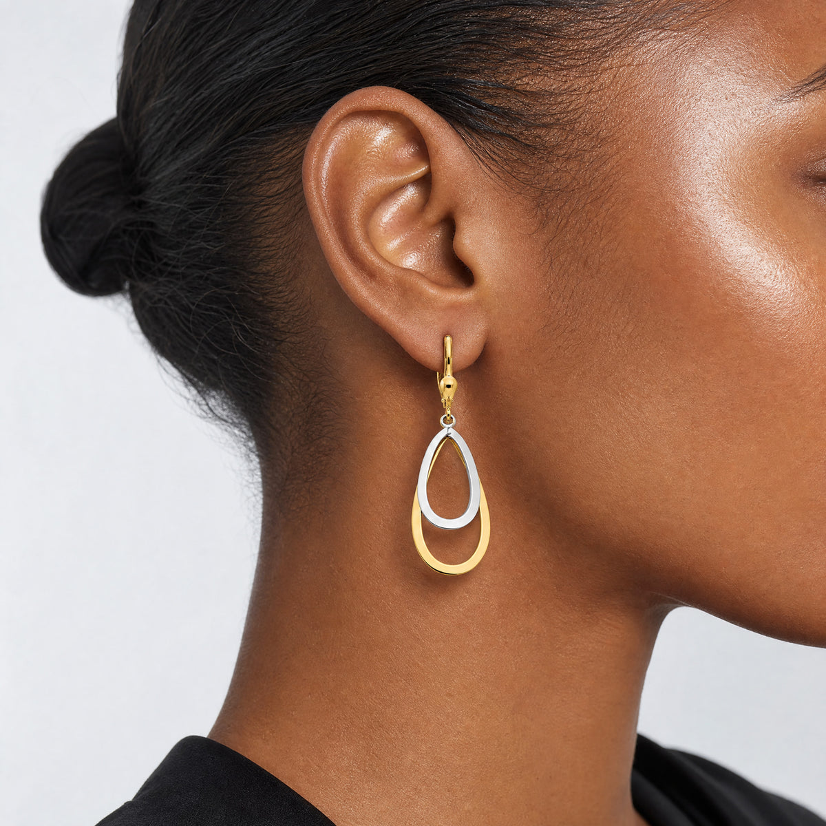 14k Two-tone Oval Leverback Tear Drop Earrings - Model Shot