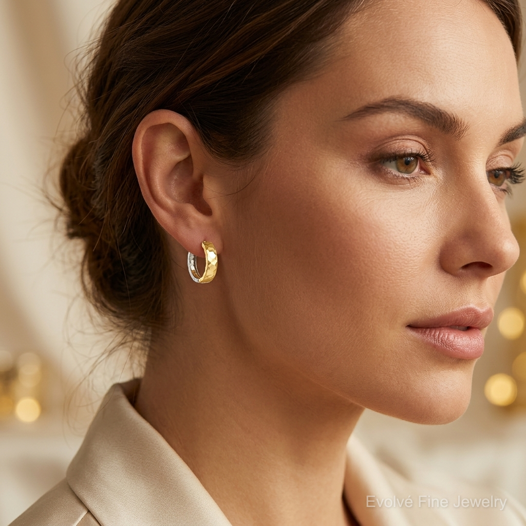 14k Two-tone Textured Hinged Hoop Earrings - Model Shot