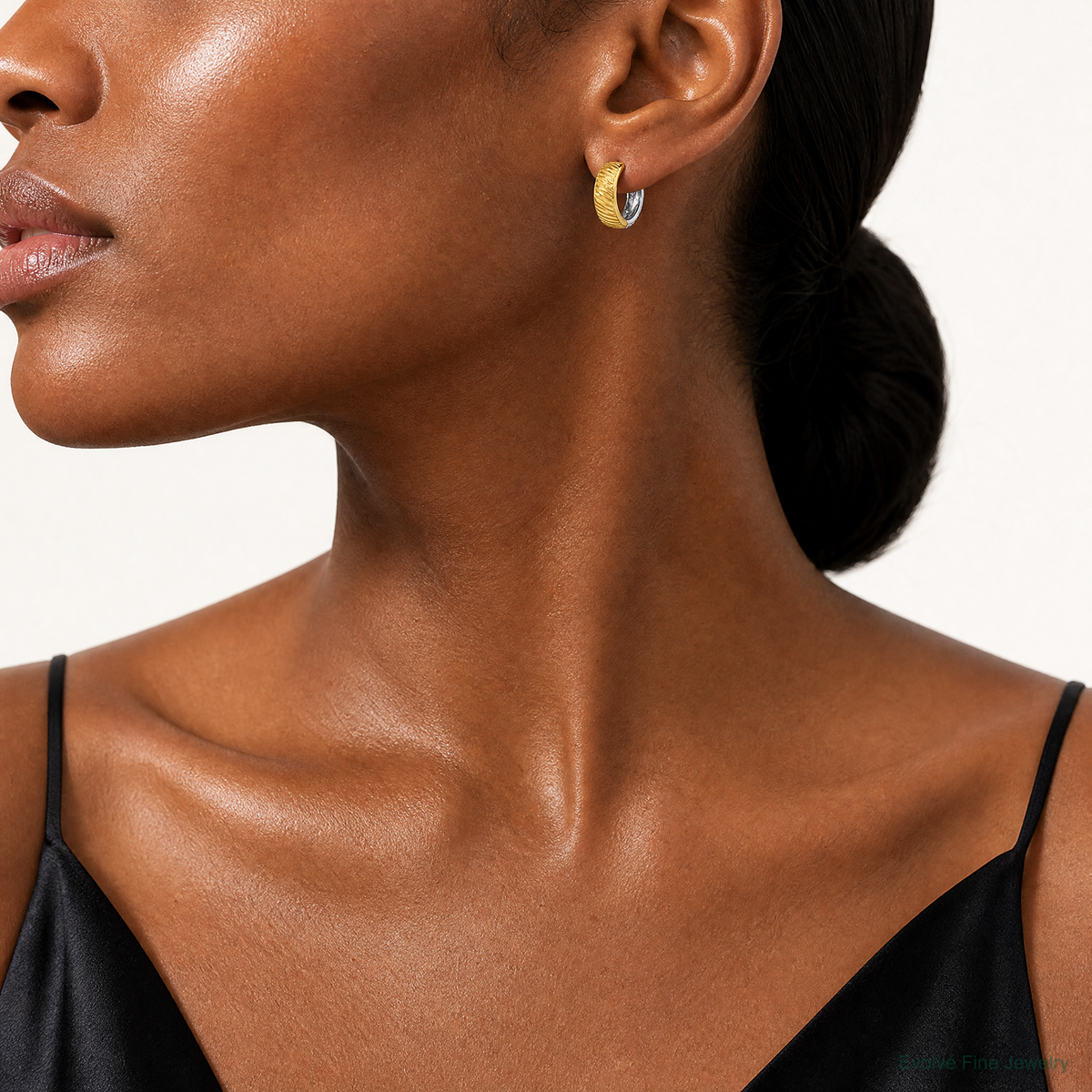 14k Two-tone Textured Hoop Earrings - Model Shot