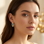 14K & Rhodium 3mm Diamond Cut Oval Hollow Hoop Earrings - Model Shot