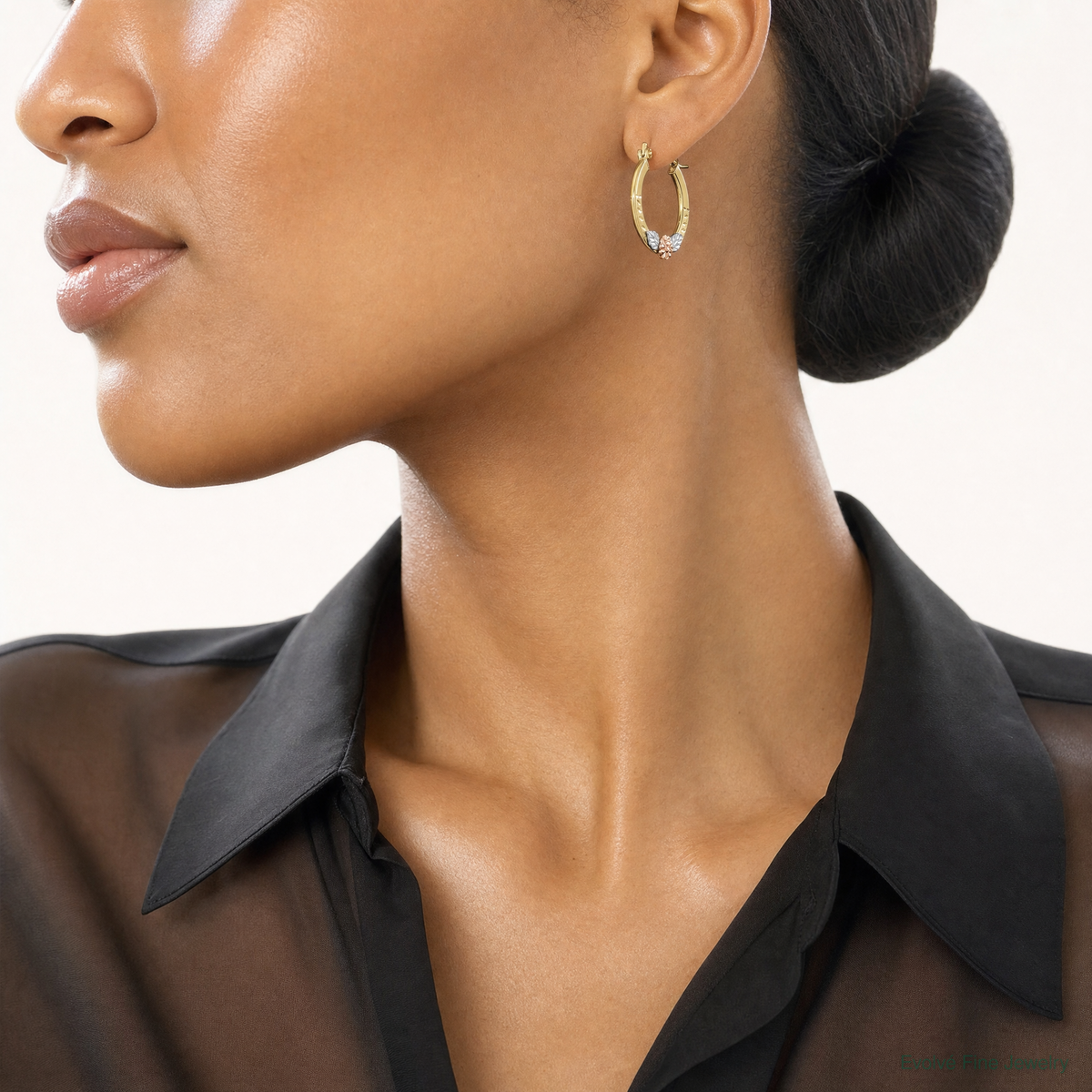 14K Yellow & Rose Gold w/ Rhodium Diamond Cut Flower Hoop Earrings - Model Shot