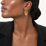 14K Satin Diamond Cut Hollow Hoop Earrings - Model Shot