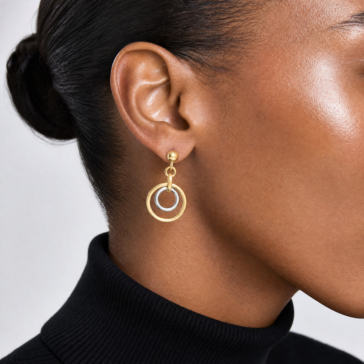 14k Two-tone Circle Post Dangle Earrings - Model Shot