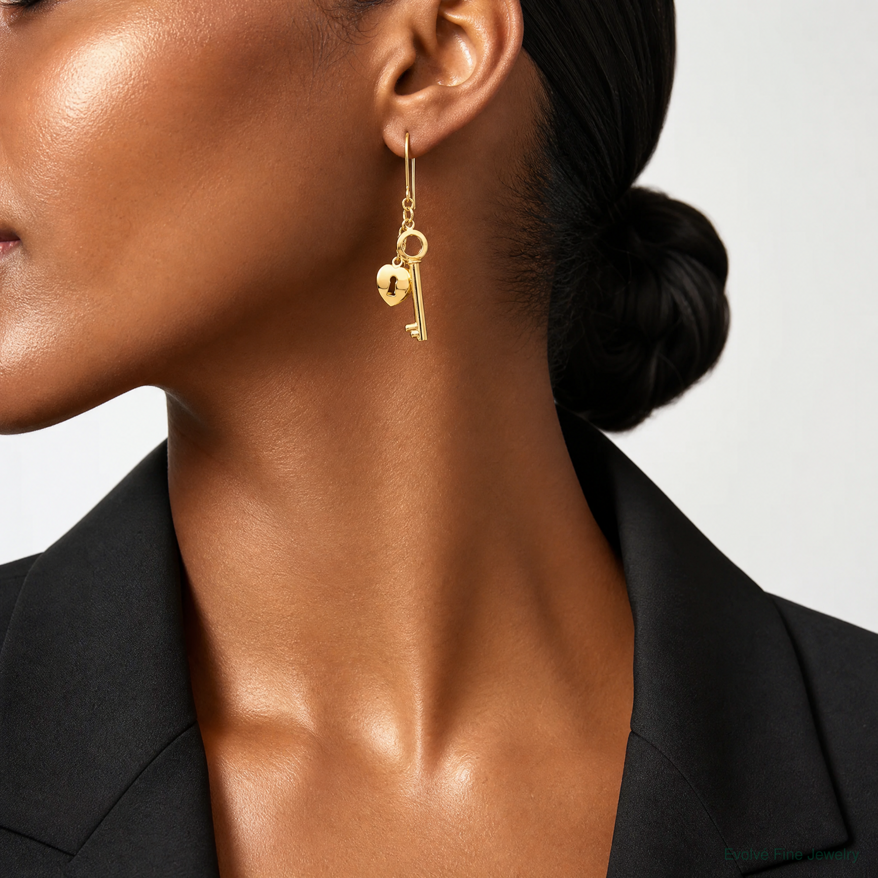 14K Gold Puff Heart Lock and Key Earrings - Model Shot