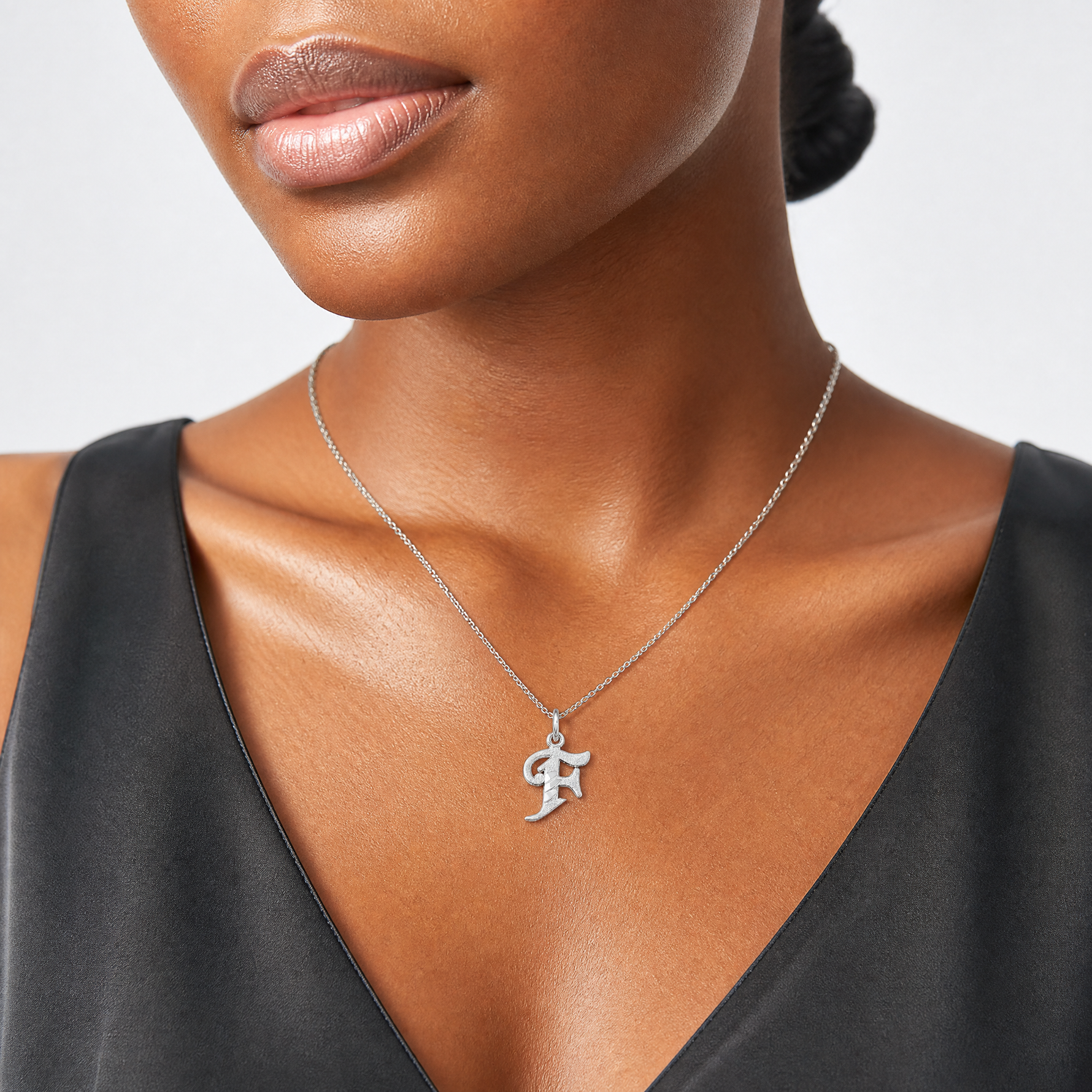 14KW Diamond-cut Letter F Initial Charm - Model Shot