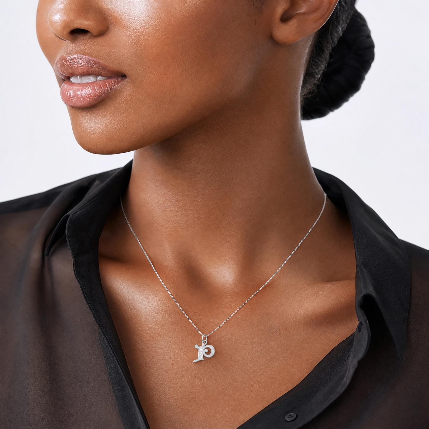 14KW Diamond-cut Letter P Initial Charm - Model Shot