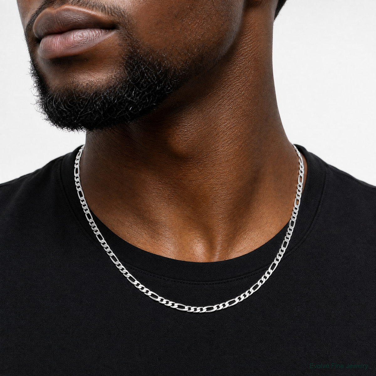14k White Gold 4mm Flat Figaro Chain - Model Shot