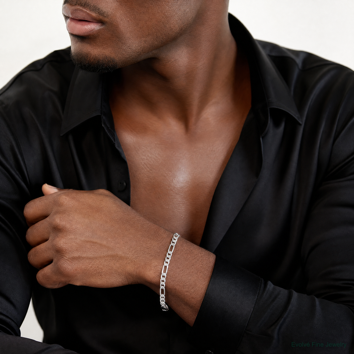 14k White Gold 4mm Flat Figaro Chain - Model Shot