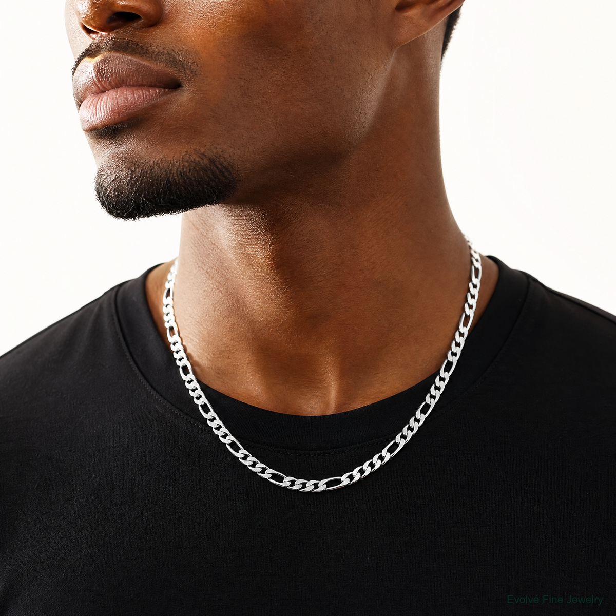 14k White Gold 6mm Flat Figaro Chain - Model Shot
