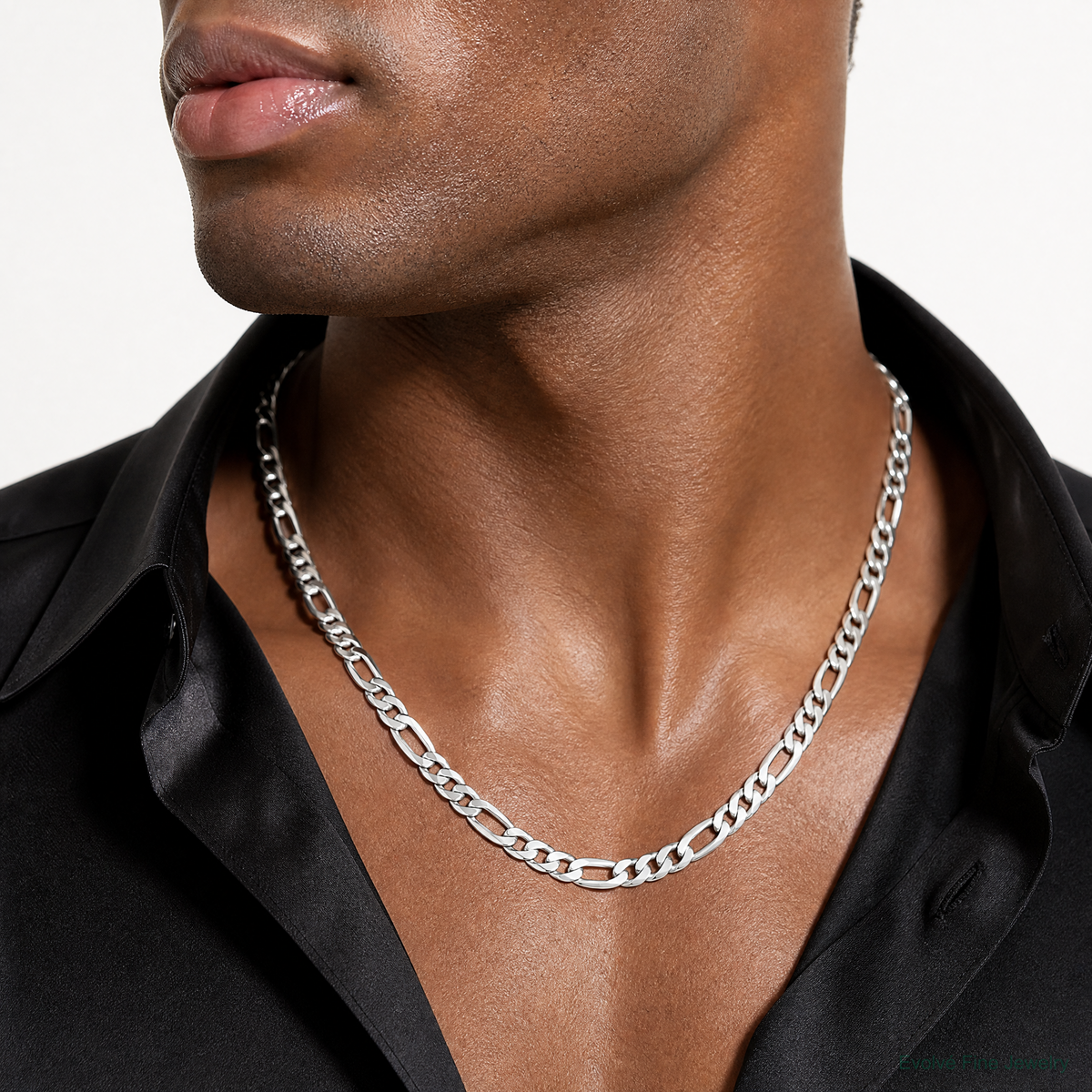 14k White Gold 7mm Flat Figaro Chain - Model Shot