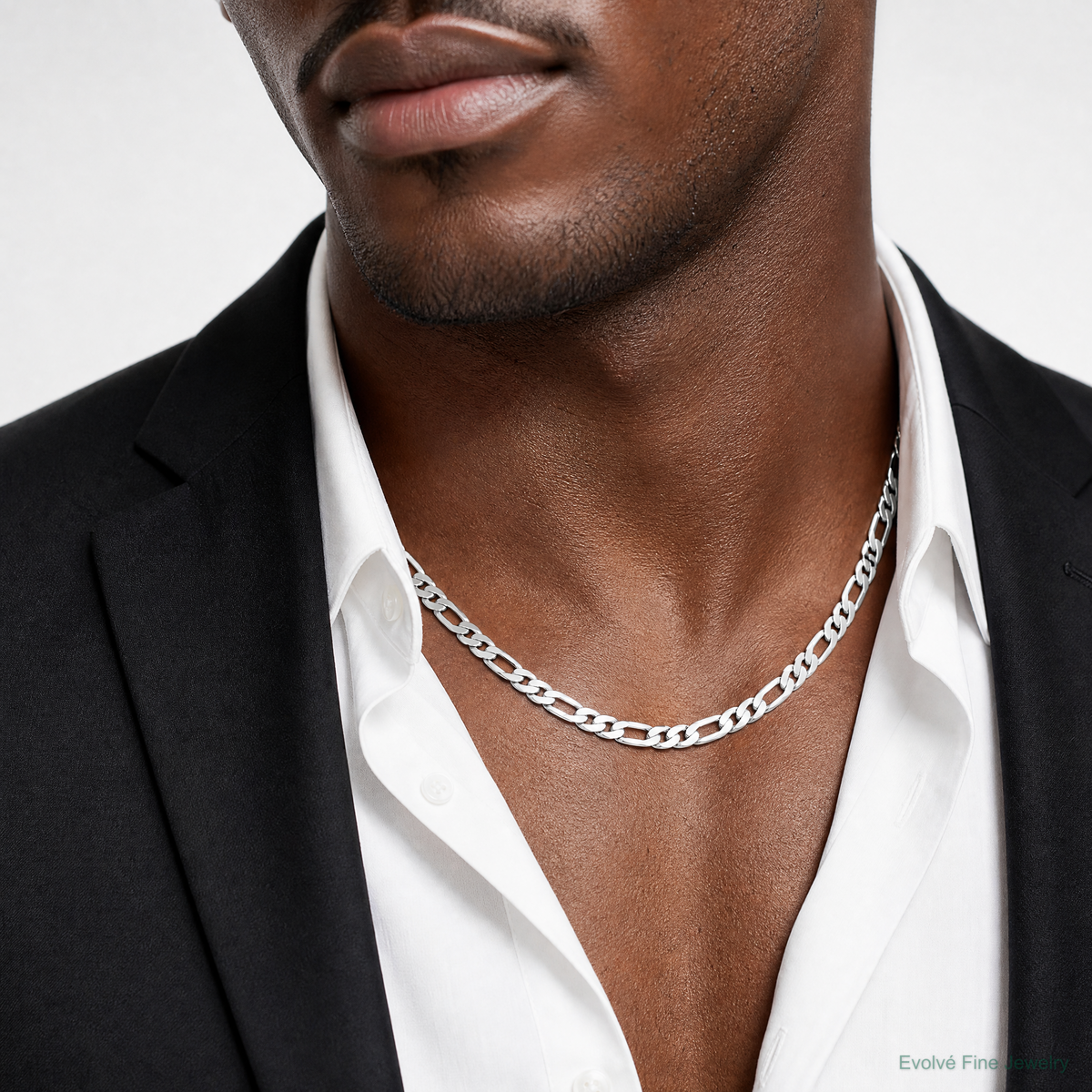 14k White Gold 7.5mm Flat Figaro Chain - Model Shot