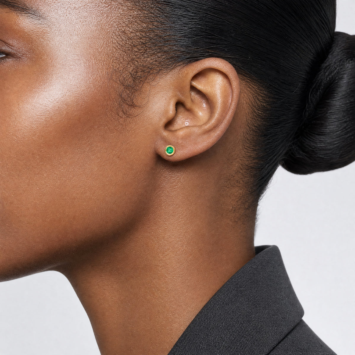 14k 4mm Bezel May/Emerald Post Earrings - Model Shot