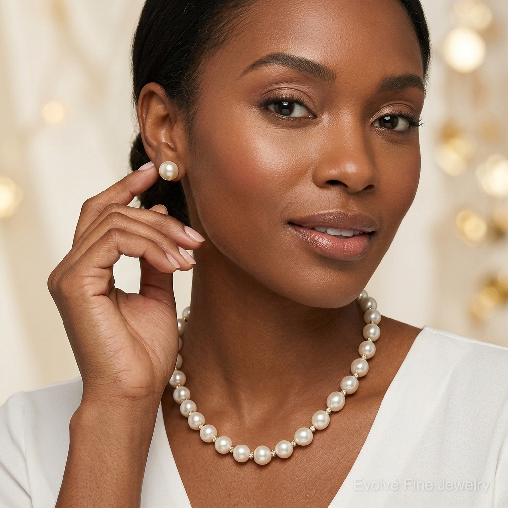 14K 7-8mm Near Round White FWC Pearl Necklace & Button Earring Set - Model Shot
