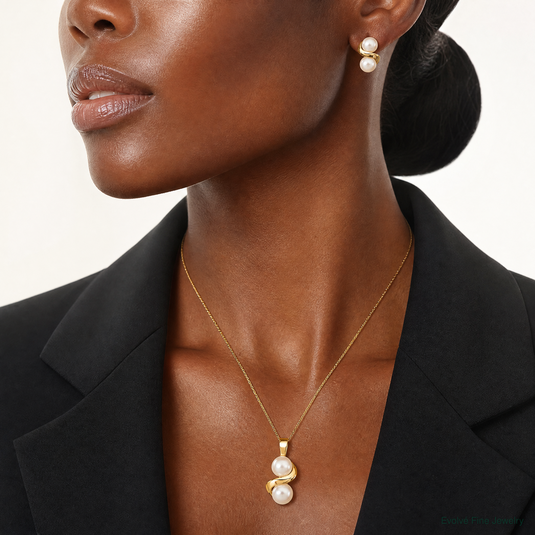 14k 5-6mm White Button FWC Pearl Earring and Pendant Set - Model Shot
