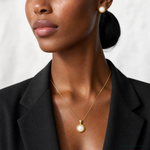 14k 5-6mm White Button FWC Pearl Earring and Pendant Set - Model Shot
