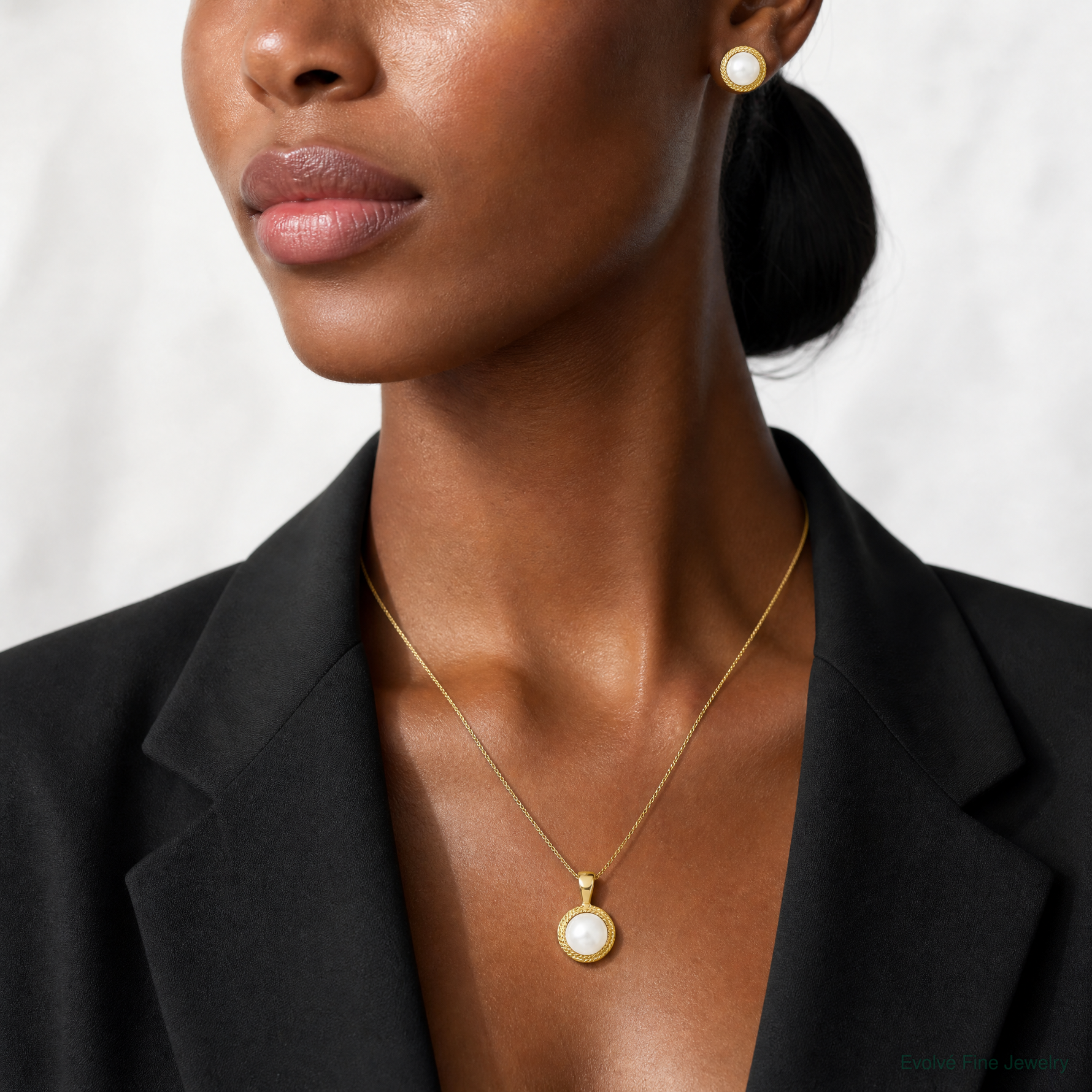 14k 5-6mm White Button FWC Pearl Earring and Pendant Set - Model Shot