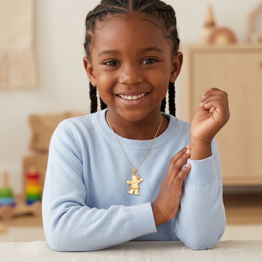 14k Two-Tone Puffed Girl with Bow on Right Engravable Charm - Model Shot