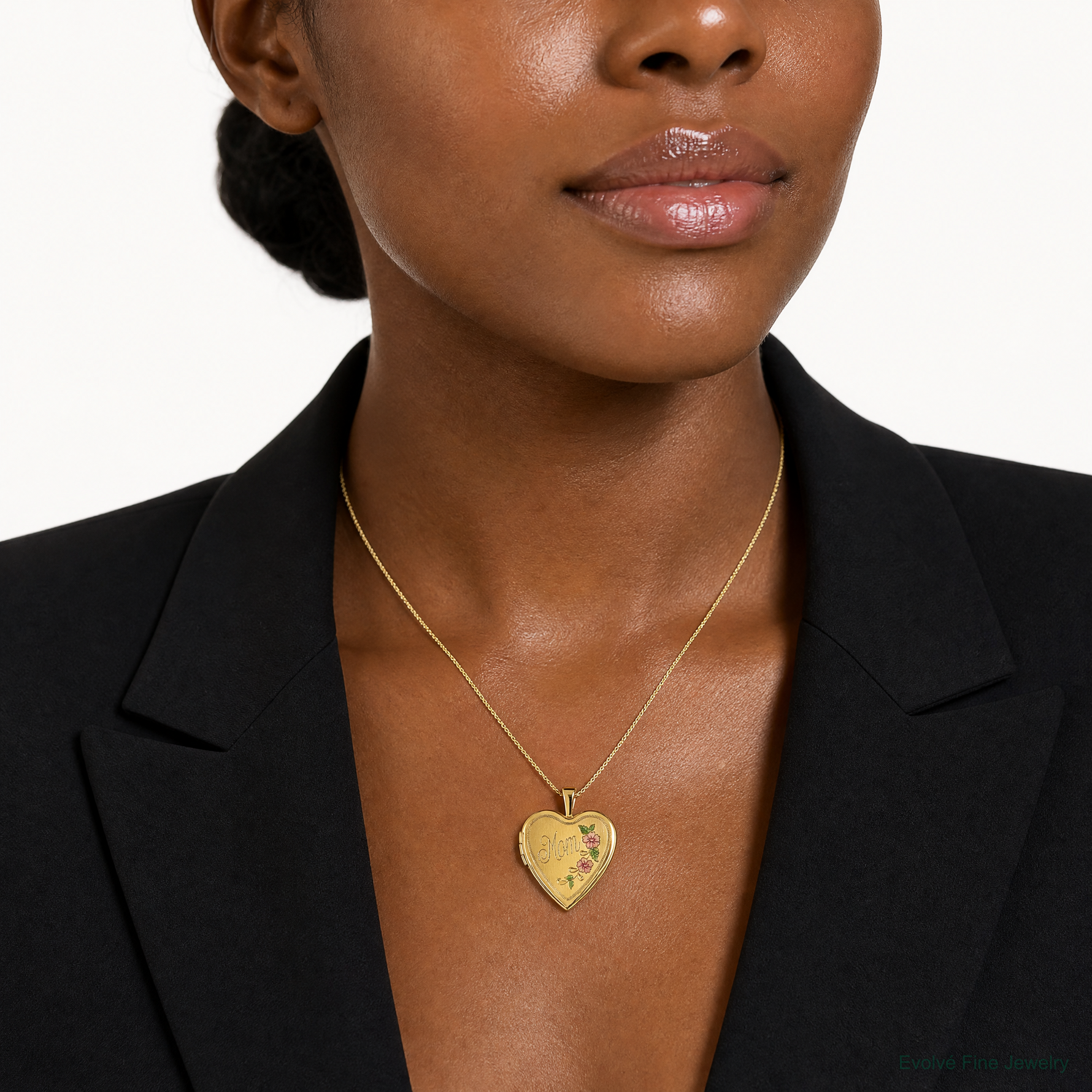 14ky 20mm Enameled Floral MOM Heart Locket - Model Shot