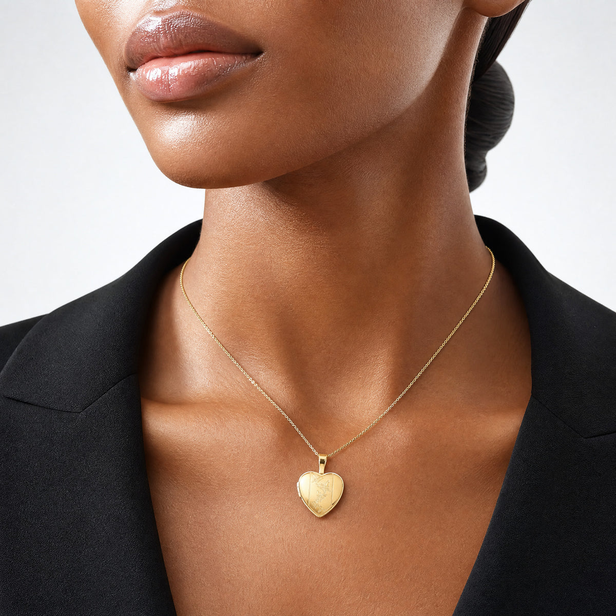14K Polished and Satin 12mm Butterfly Heart Locket - Model Shot