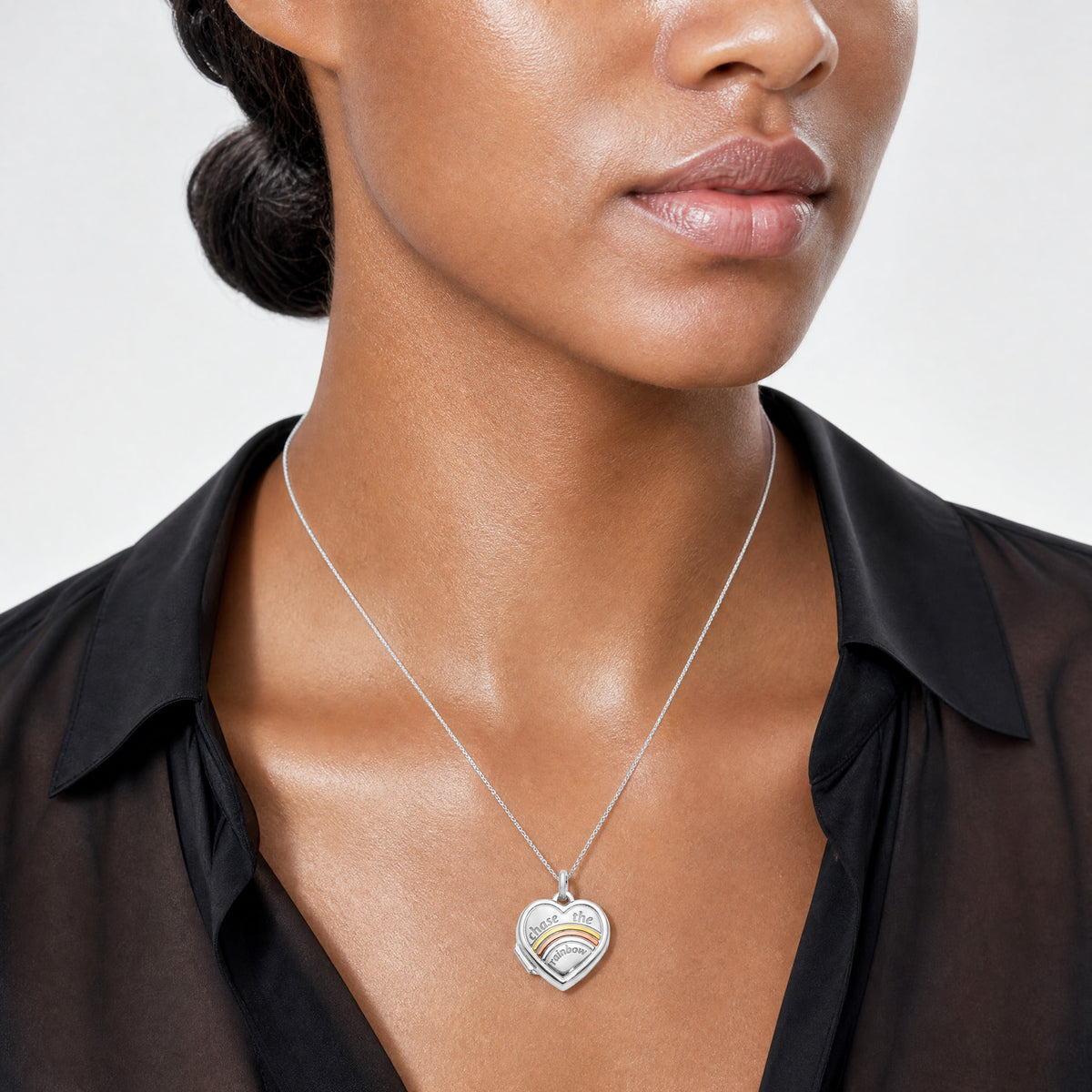 14k White with Rose Rhodium 15mm CHASE THE RAINBOW Heart Locket - Model Shot
