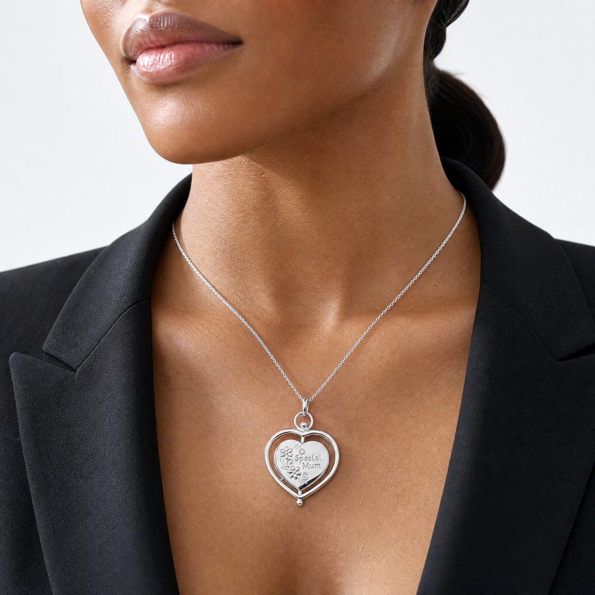 14k White Gold Floral Special Mum Reversible Heart Locket - Model Shot