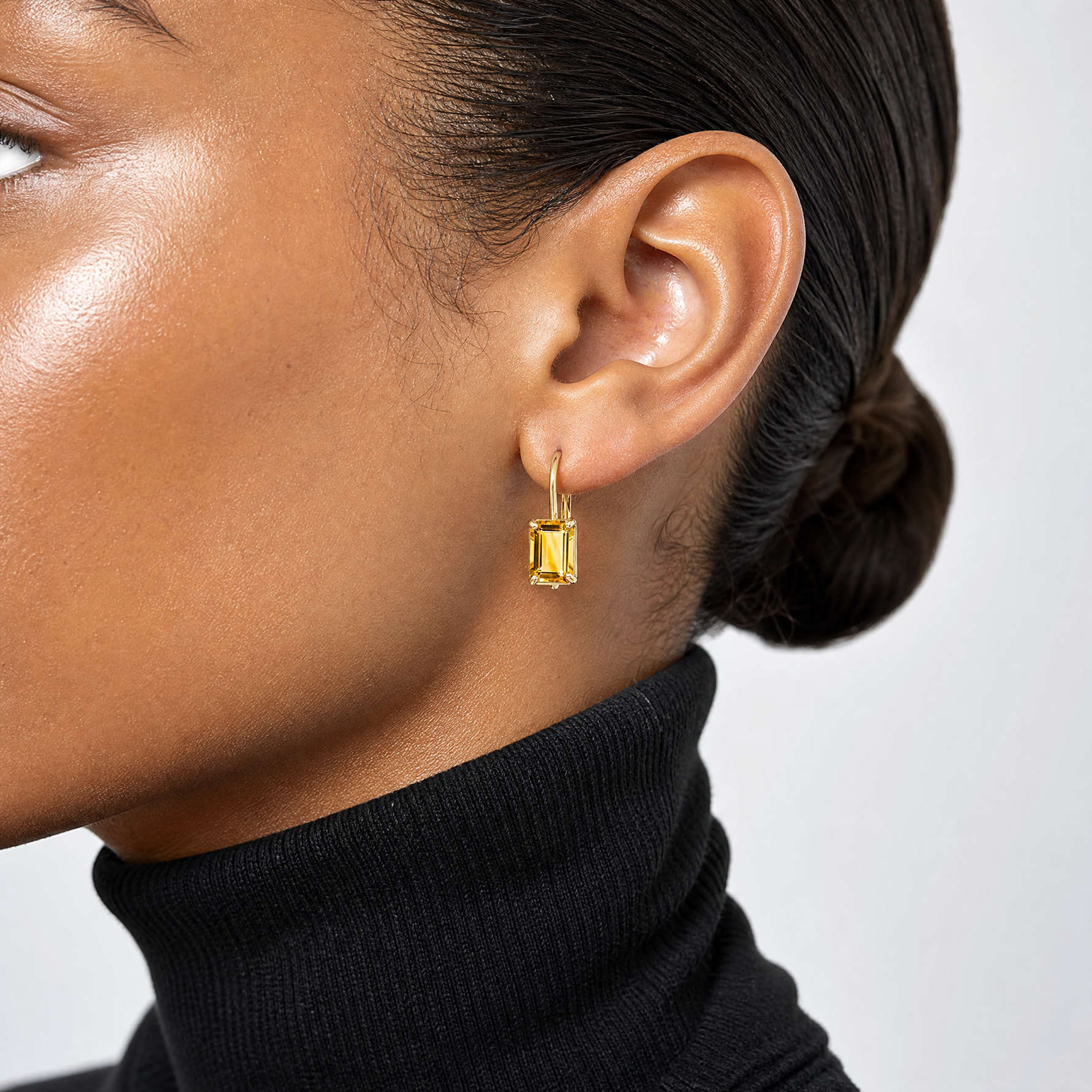 14k 7x5mm Emerald Cut Citrine Leverback Earrings - Model Shot