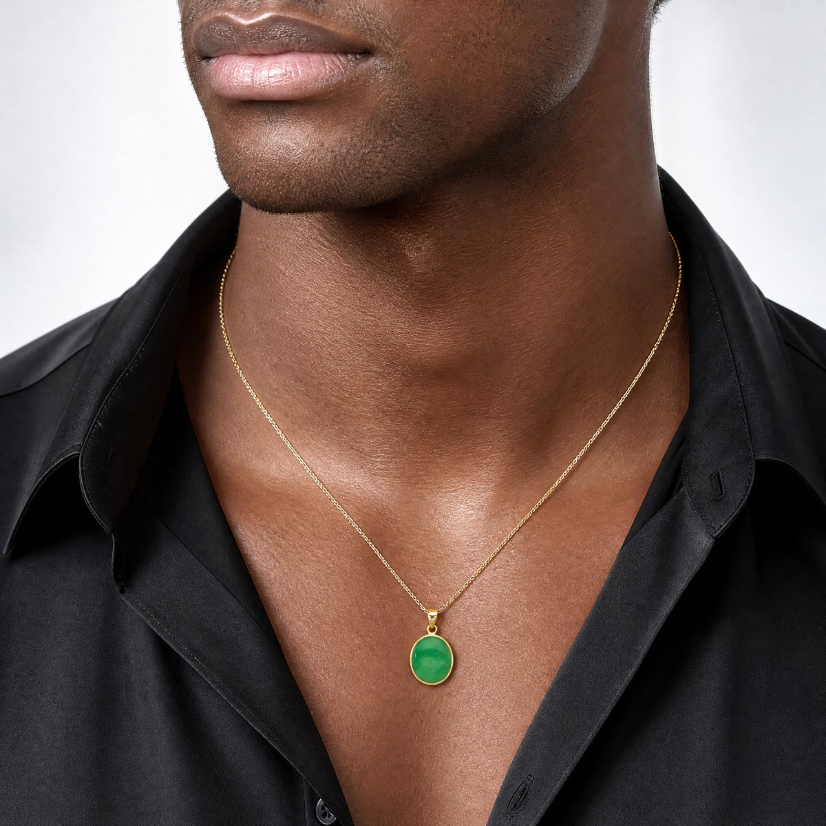 14K Polished Jade Oval Pendant - Model Shot