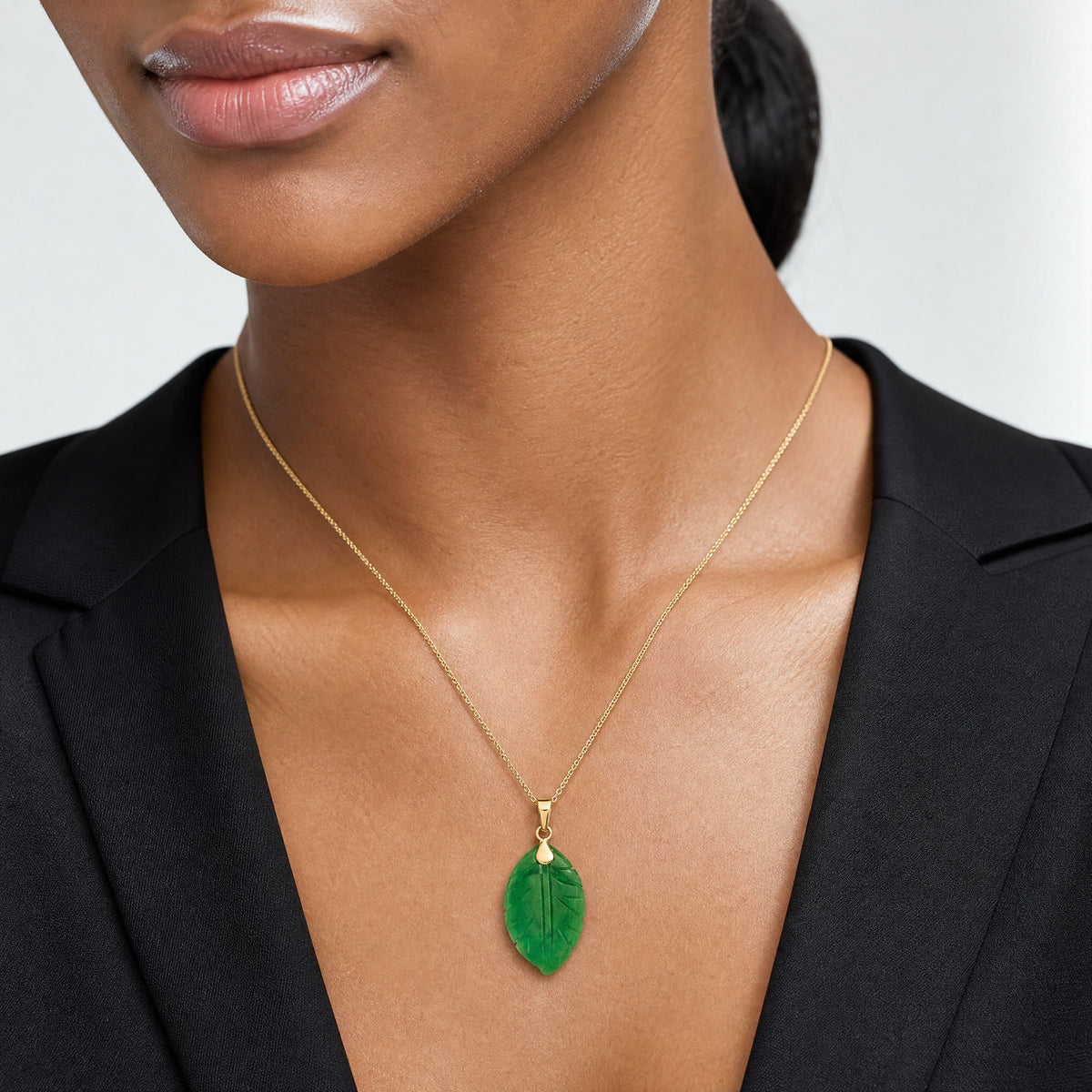 14K Polished Carved Jade Leaf Pendant - Model Shot