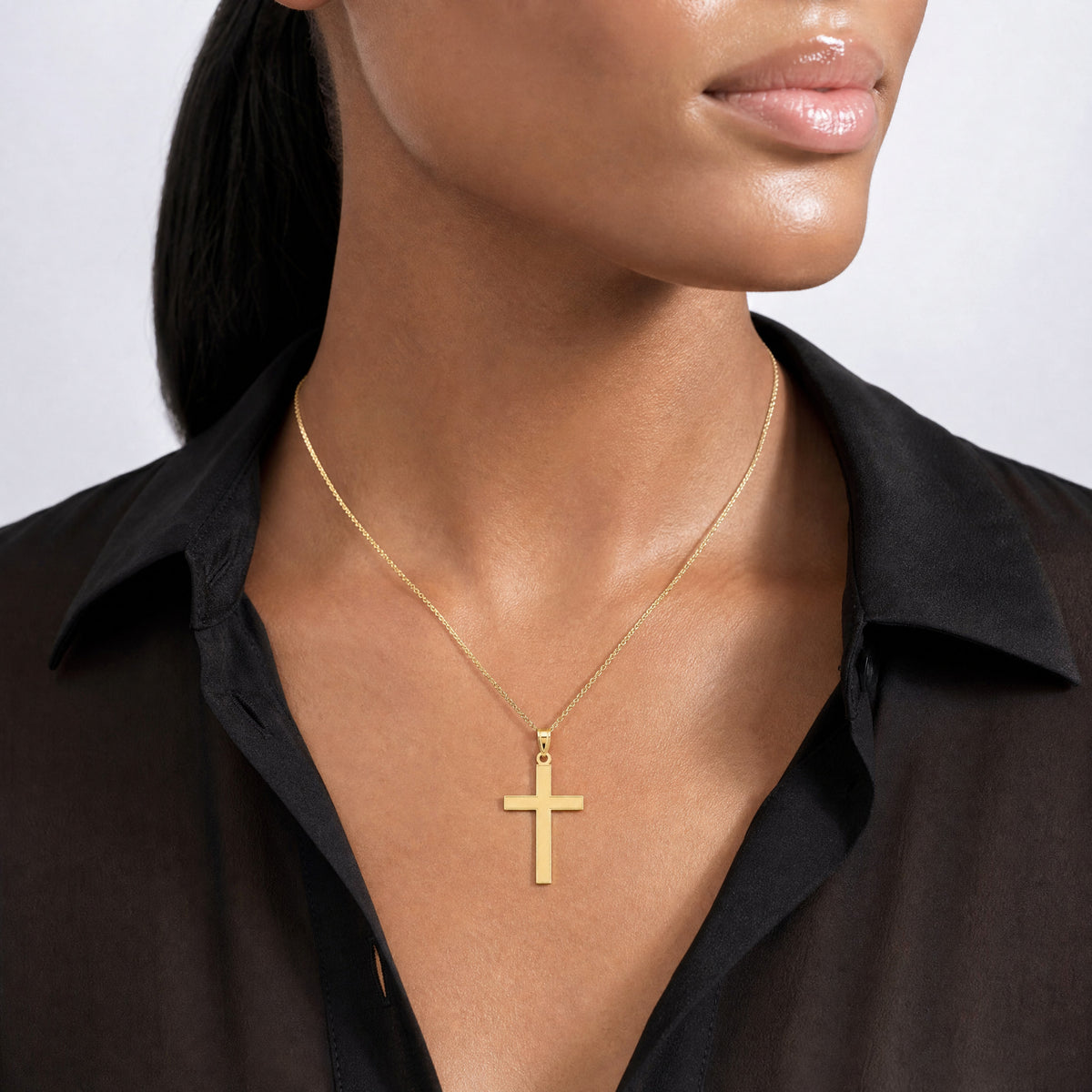 14k Florentine Satin Cross Pendant - Model Shot