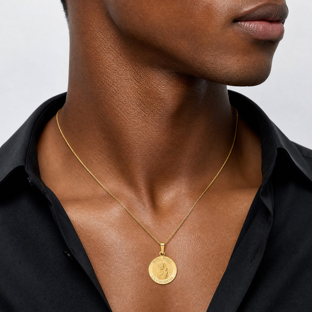 14k Matka Boska Czestochowska Reversible Medal Hollow Pendant - Model Shot