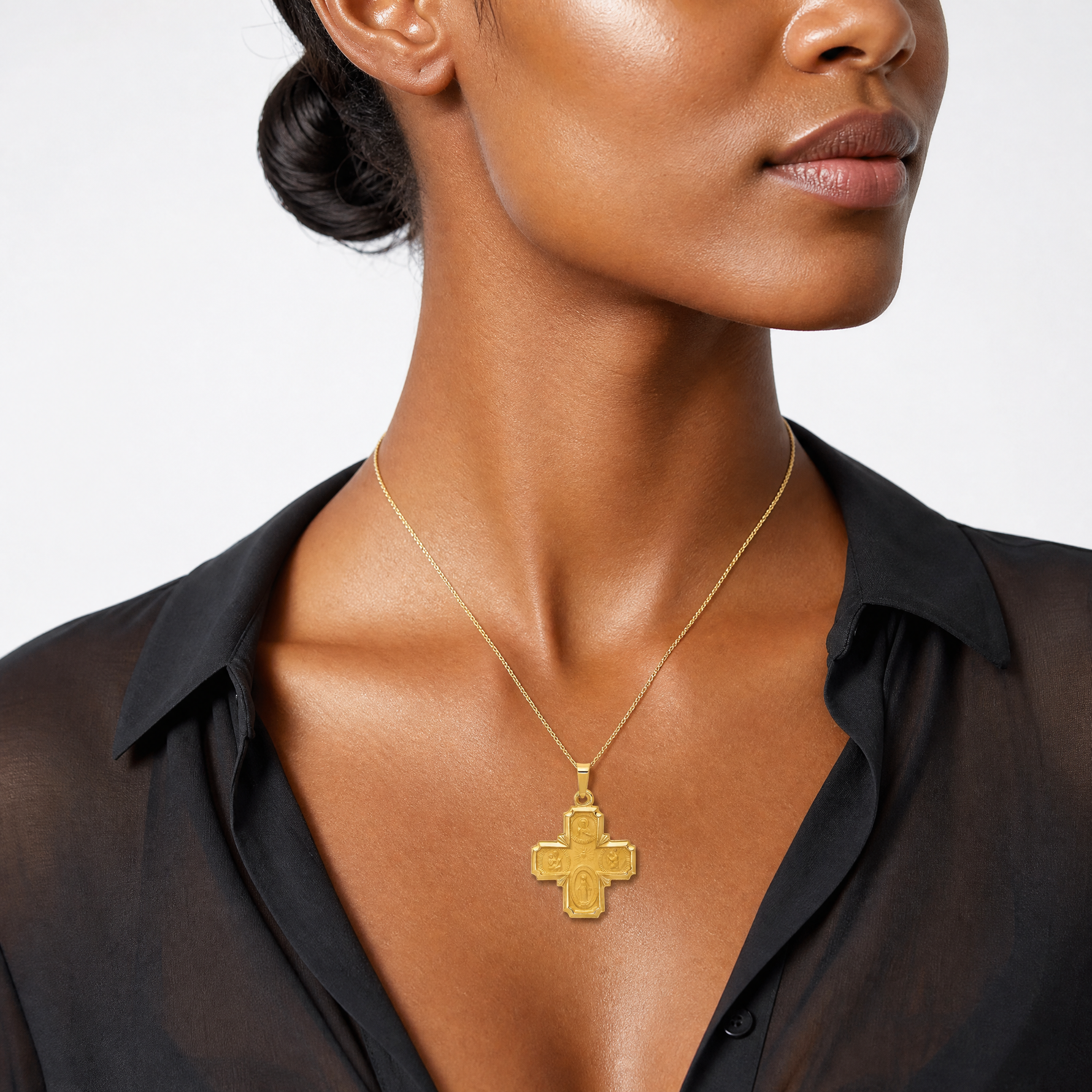 14k Polished and Satin Four Way Medal Hollow Pendant - Model Shot
