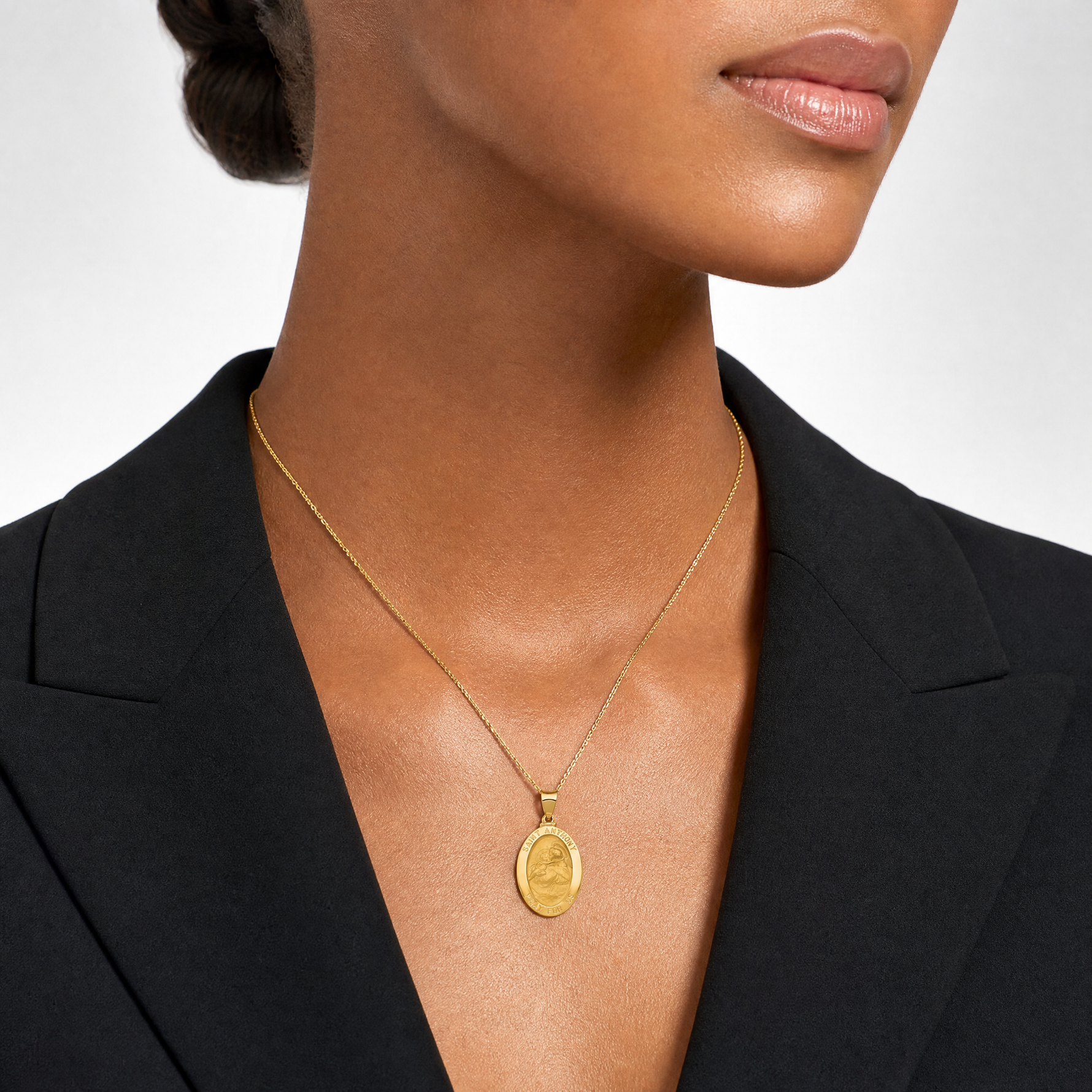 14k Polished and Satin St. Anthony Medal Hollow Pendant - Model Shot
