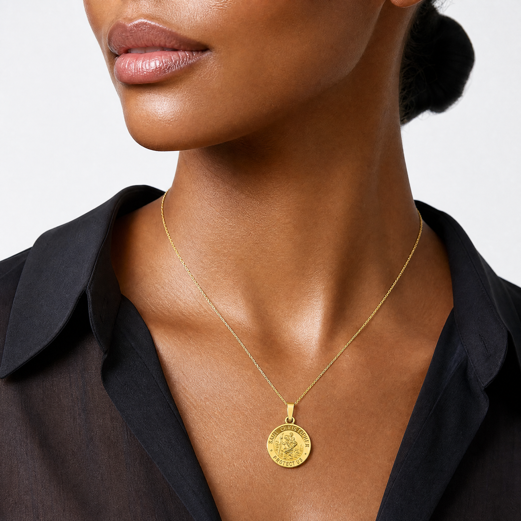 14k Polished and Satin St. Christopher Medal Hollow Pendant - Model Shot