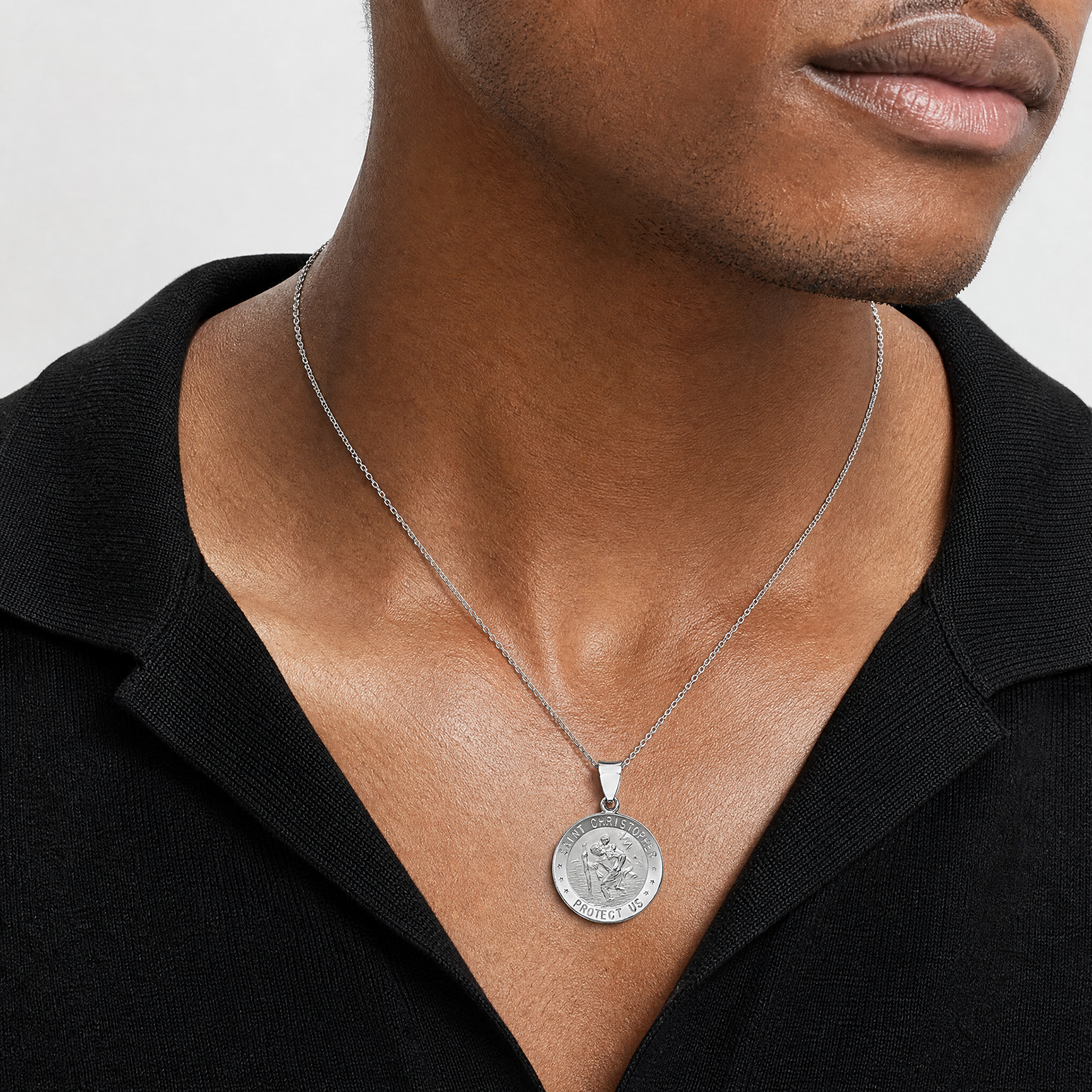 14k White Gold Polished/Satin St Christopher Medal Hollow Pendant - Model Shot