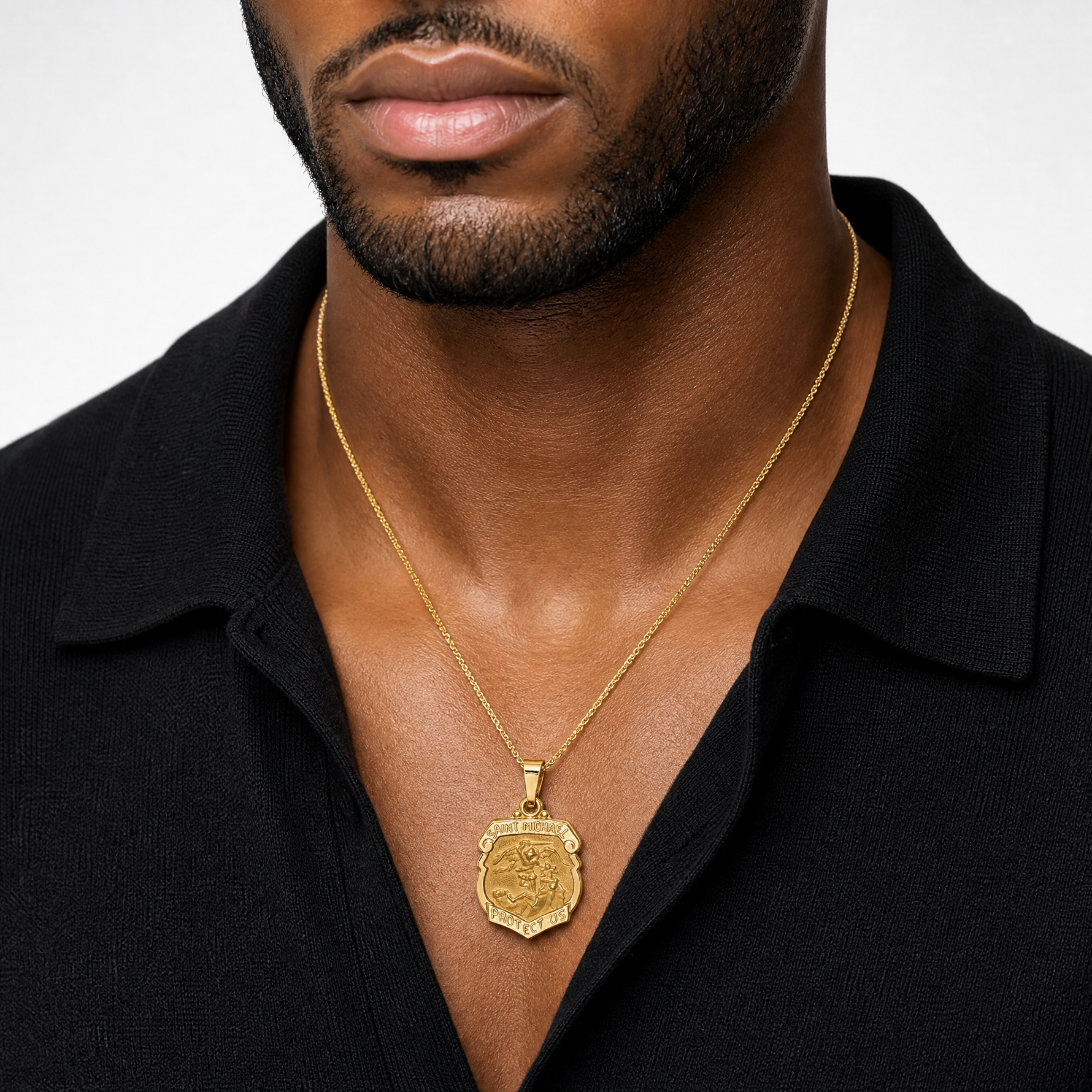 14k Polished and Satin St Michael Badge Medal Hollow Pendant - Model Shot
