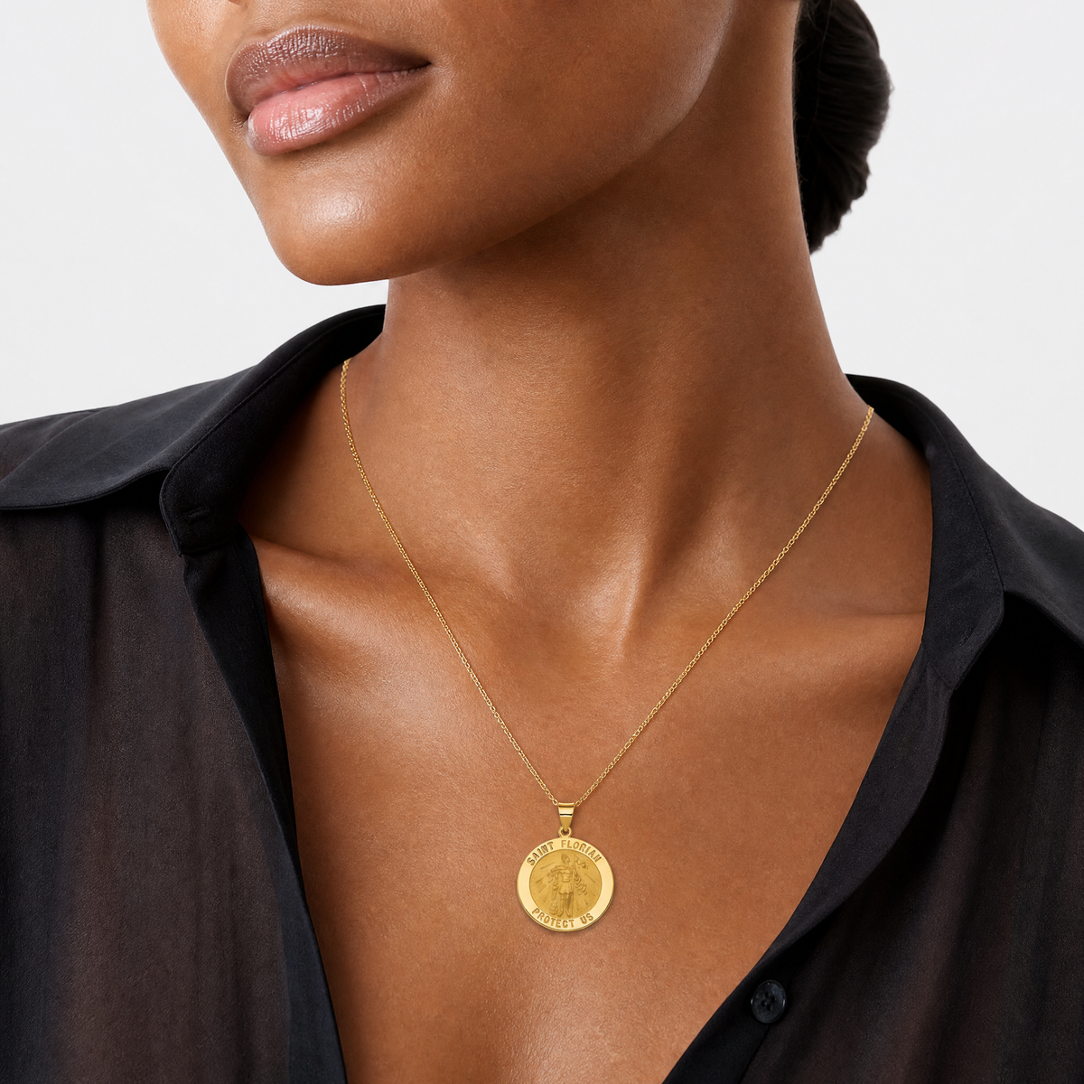 14k Polished and Satin St Florian Medal Hollow Pendant - Model Shot