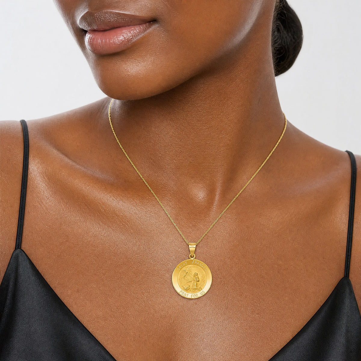 14k Polished and Satin St Francis Medal Hollow Pendant - Model Shot