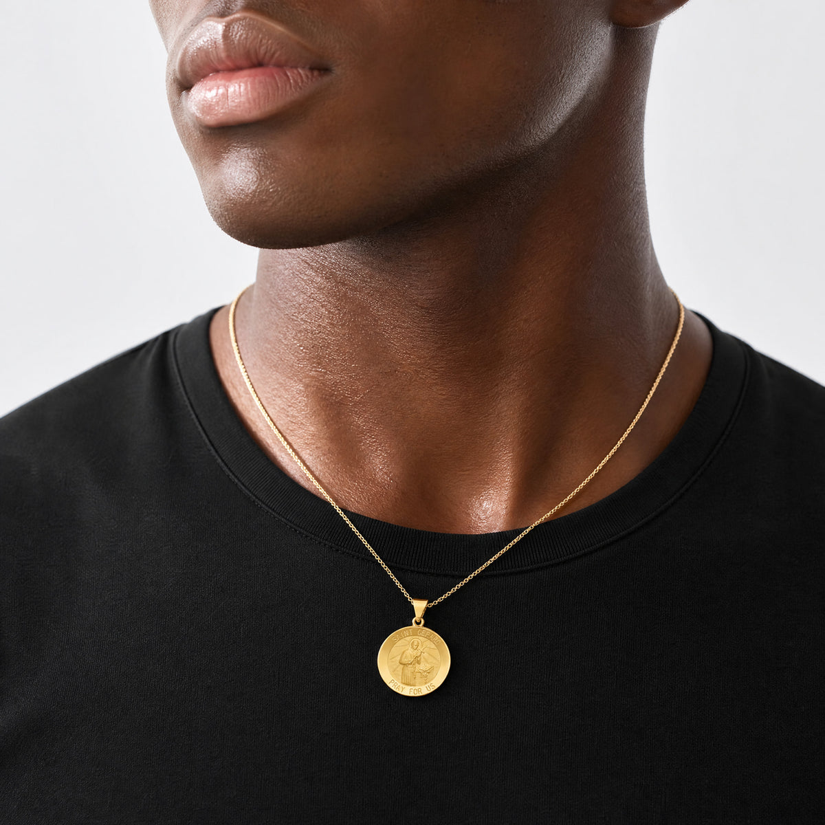 14k Polished and Satin St Gerard Medal Hollow Pendant - Model Shot